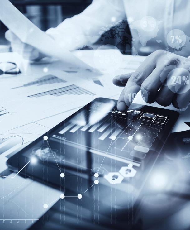 Risk Management Work process.Picture Trader working Market Report Document Touching Screen Tablet.Using Worldwide Graphic Icons,Stock Exchange Reports.Business Project Startup.Vertical,black white